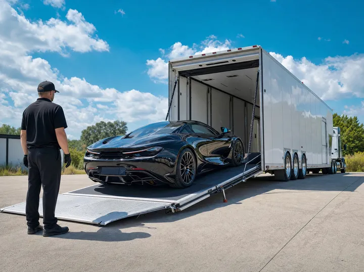 A sports car being loaded into an enclosed transport trailer