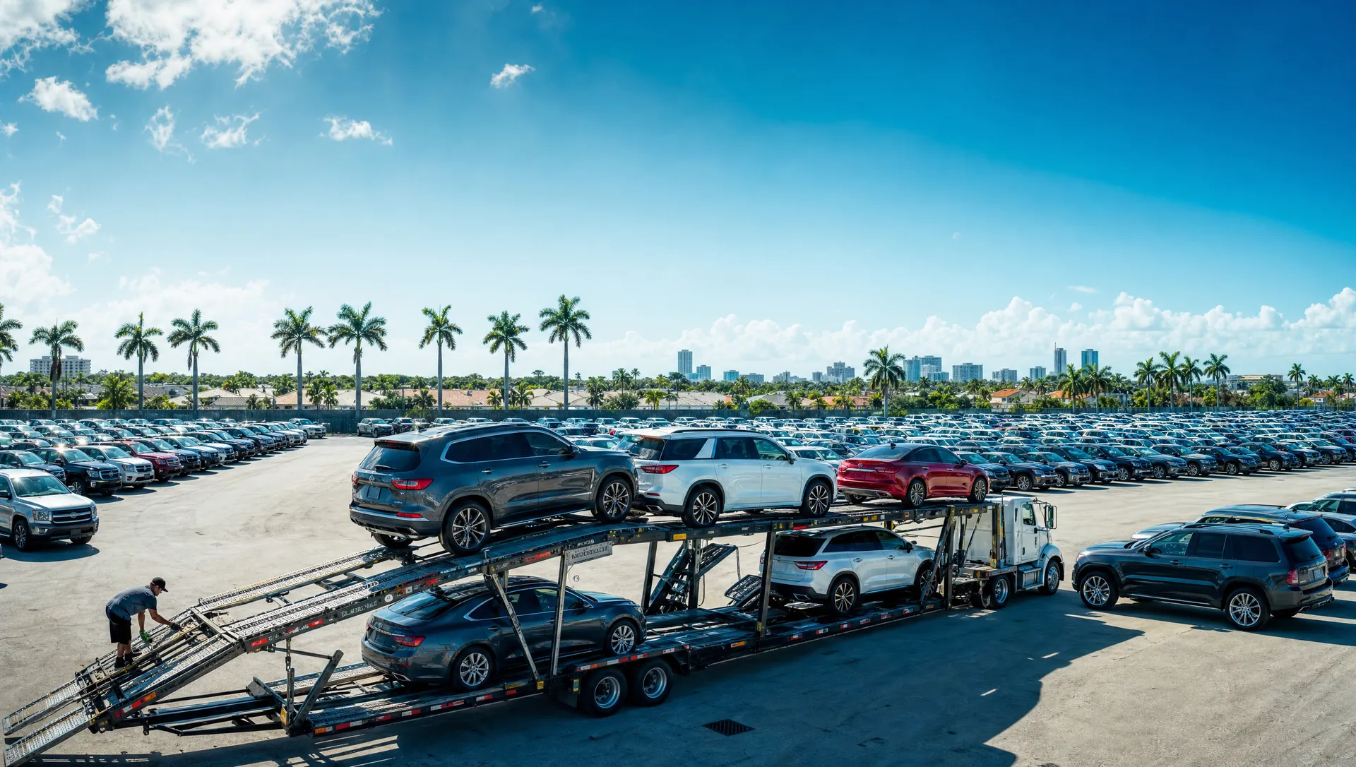 Rows of vehicles at a South Florida auction lot with a car hauler being loaded in the foreground