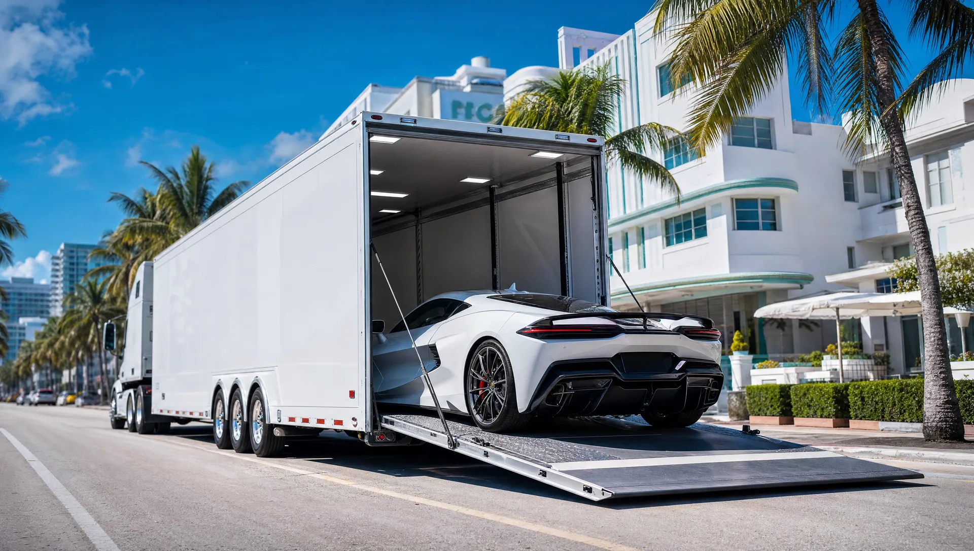 A white enclosed car transport trailer with its ramp door open on a palm-lined Miami street