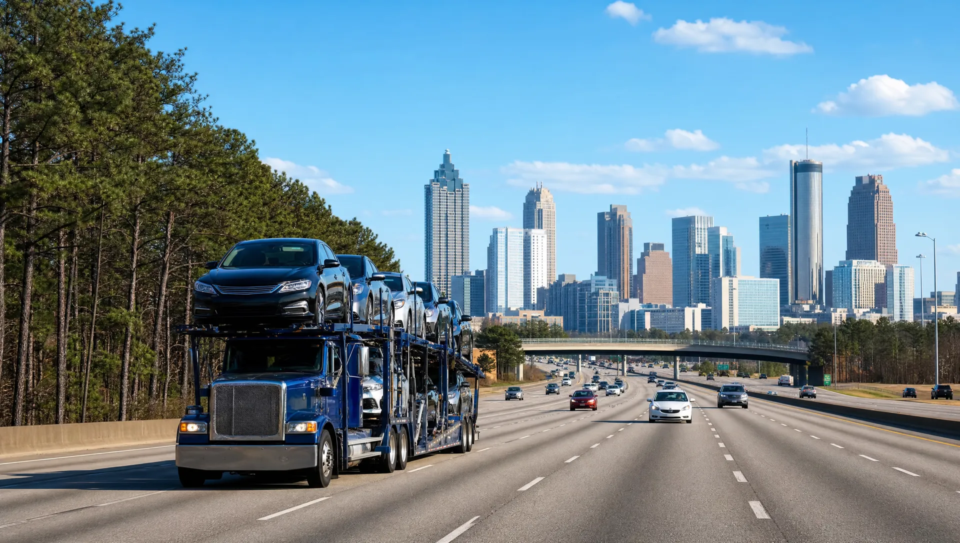 A car carrier on the interstate approaching the Atlanta skyline