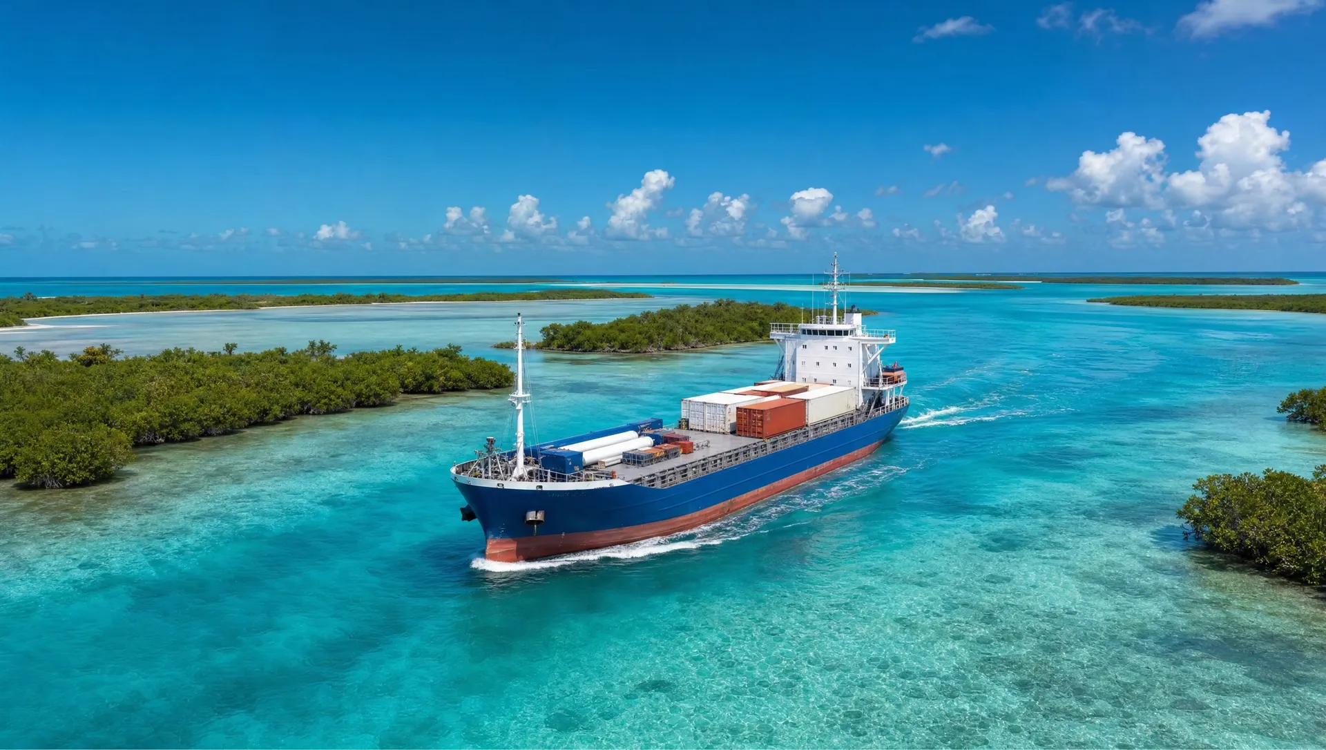 A cargo vessel sailing the shallow turquoise waters off Belize