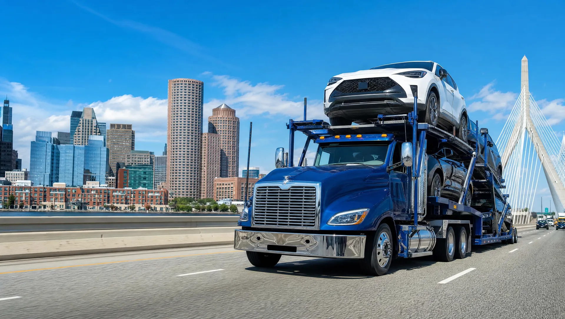 A car carrier on the highway approaching Boston