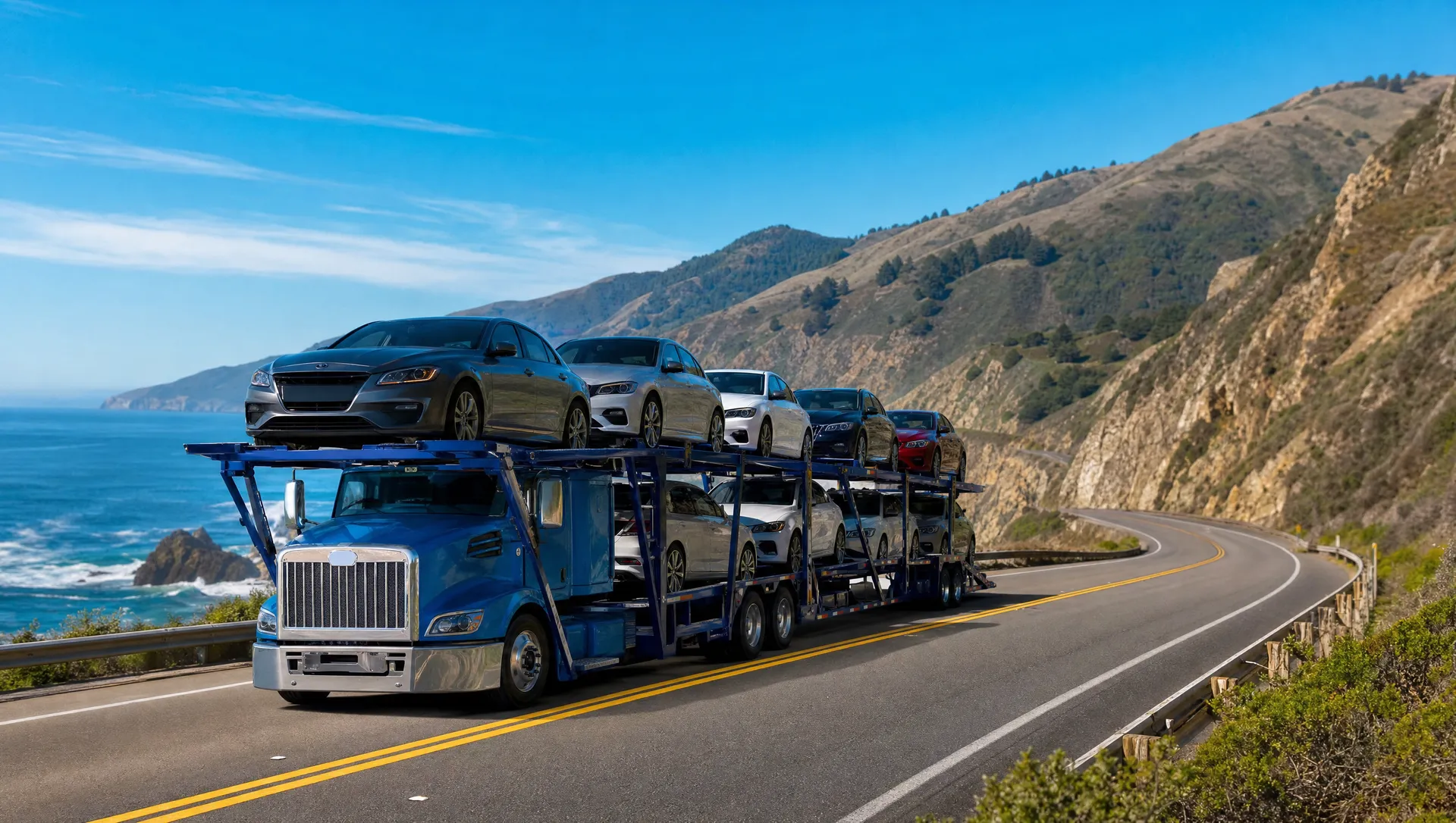 A car carrier on the Pacific coast highway in California