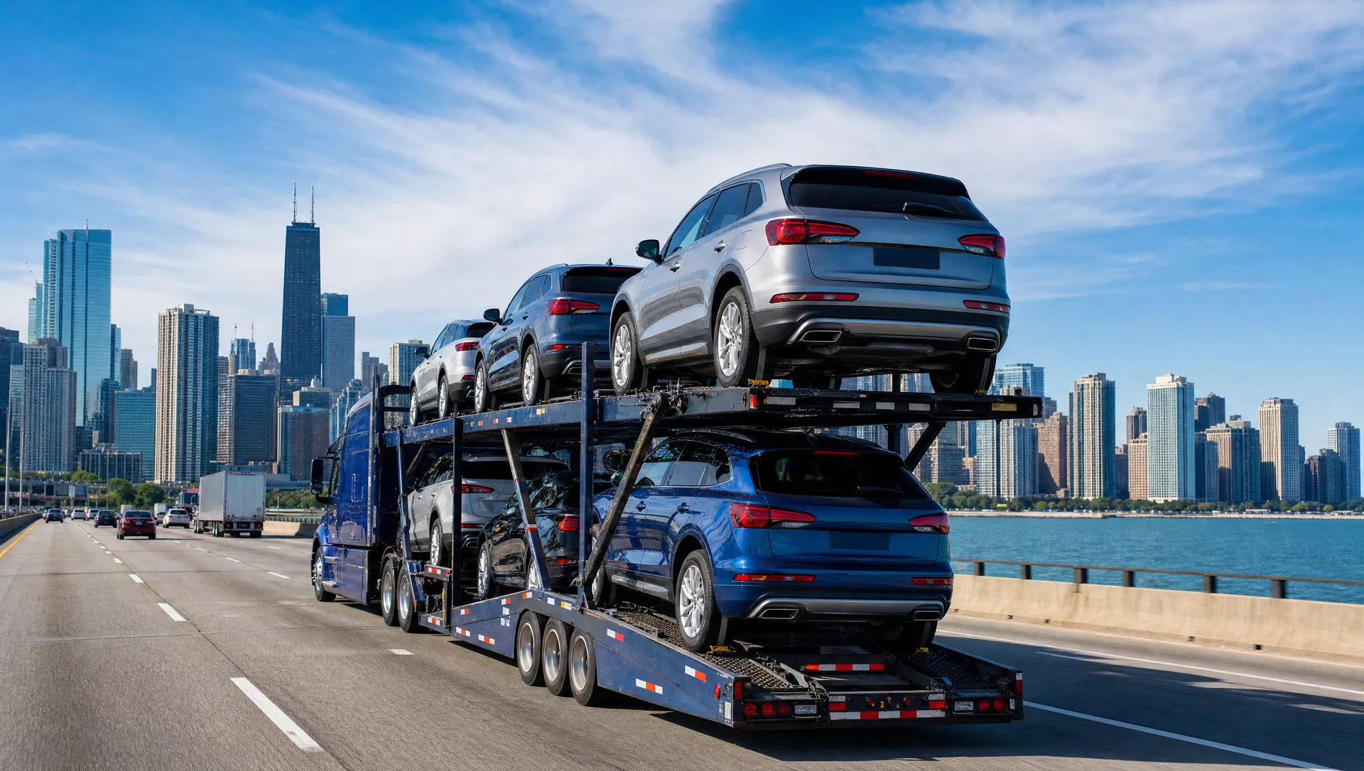 A car carrier approaching the Chicago skyline