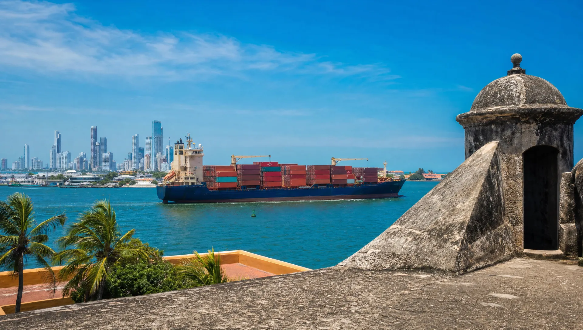 A cargo ship off the colonial waterfront of Cartagena, Colombia