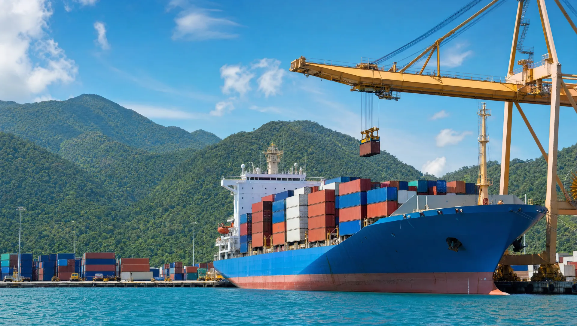 A cargo ship being loaded on Costa Rica's rainforest coast