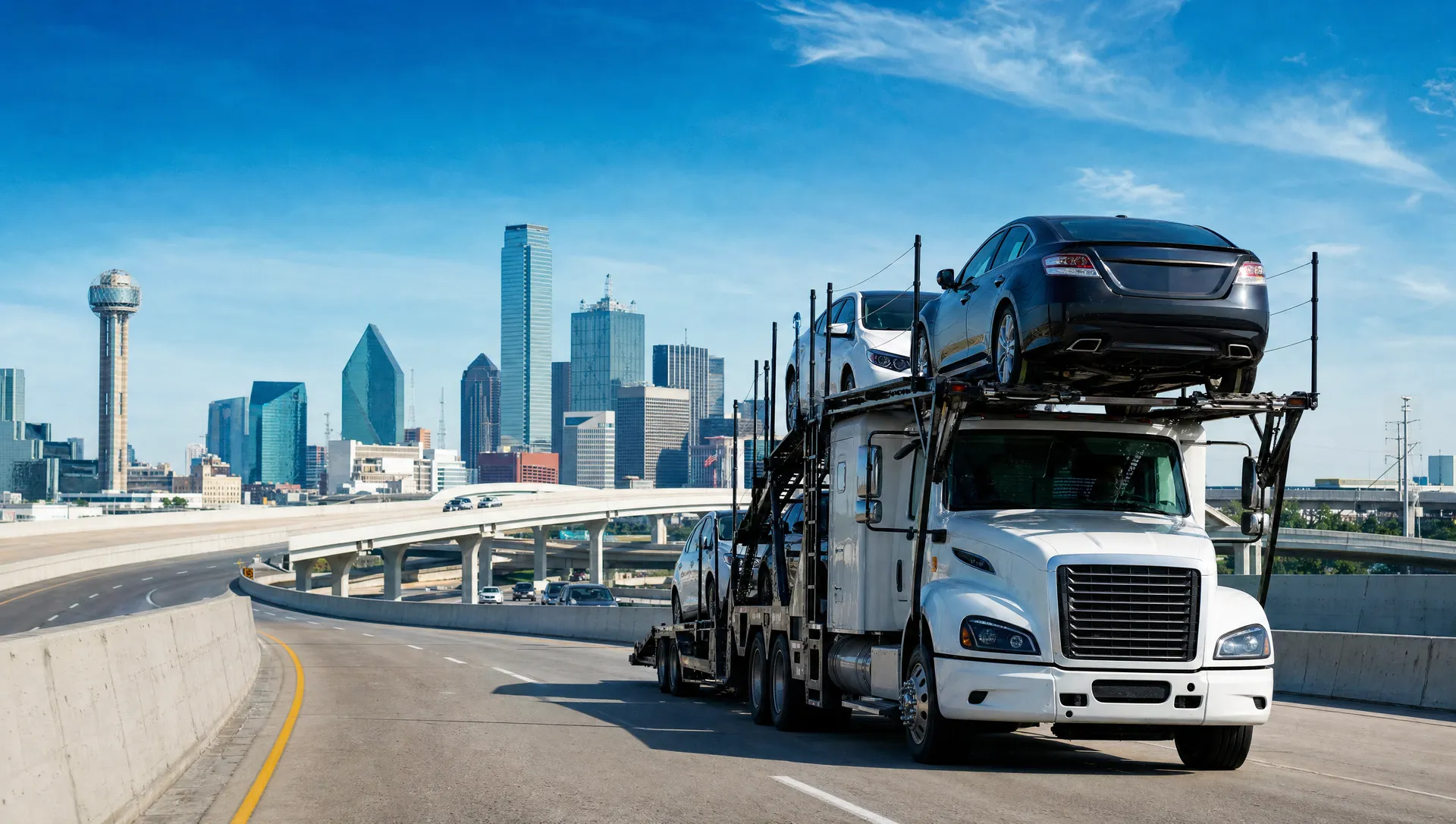 A car carrier on the freeway approaching Dallas