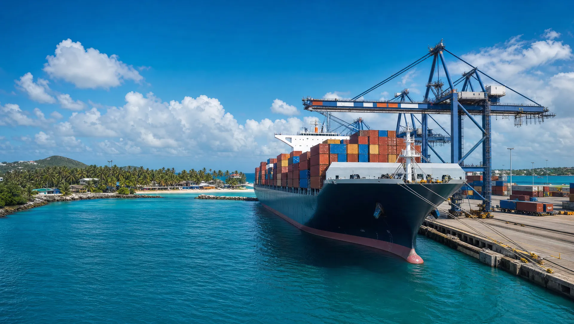 A cargo ship docked at a palm-lined Dominican port