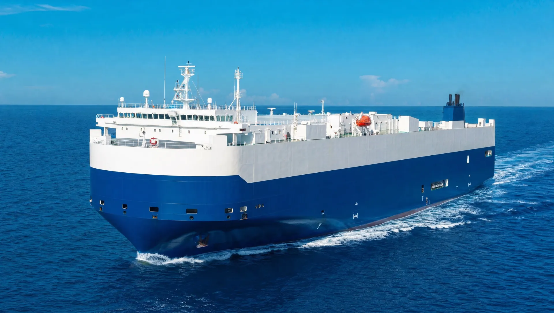 A vehicle carrier ship crossing the Atlantic toward Europe