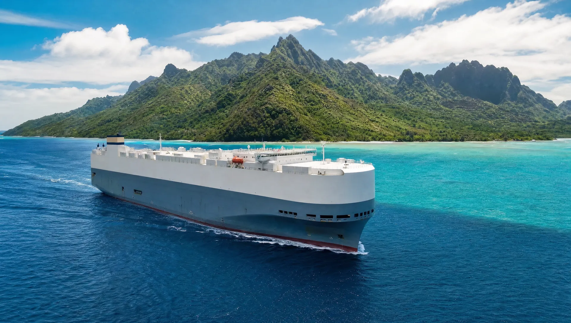A vehicle cargo ship sailing along a lush Hawaiian coastline
