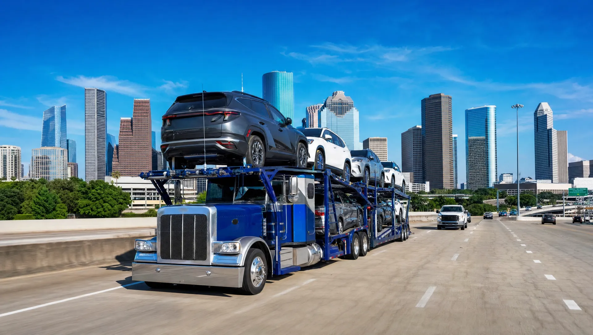 A car carrier on a Texas freeway near the Houston skyline