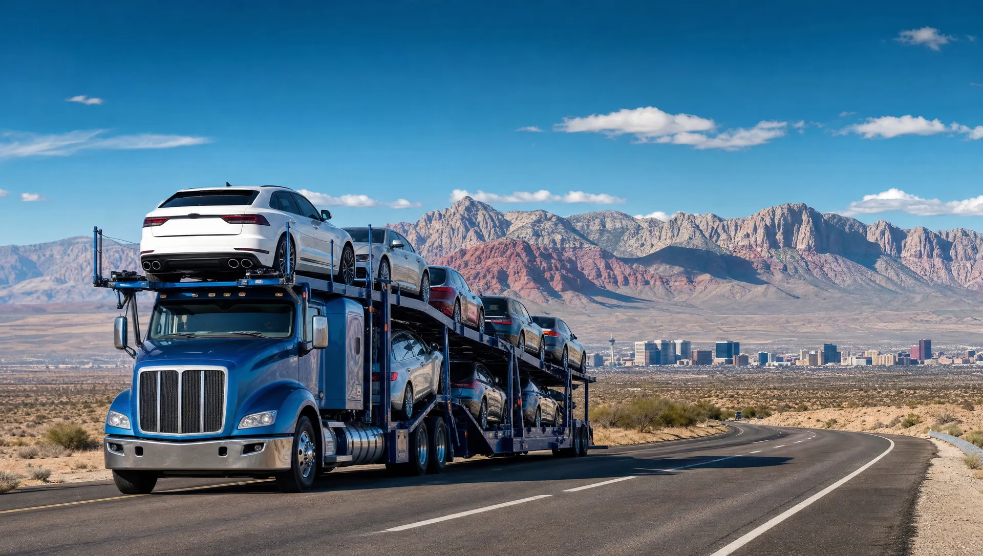 A car carrier on a desert highway heading into the Las Vegas valley