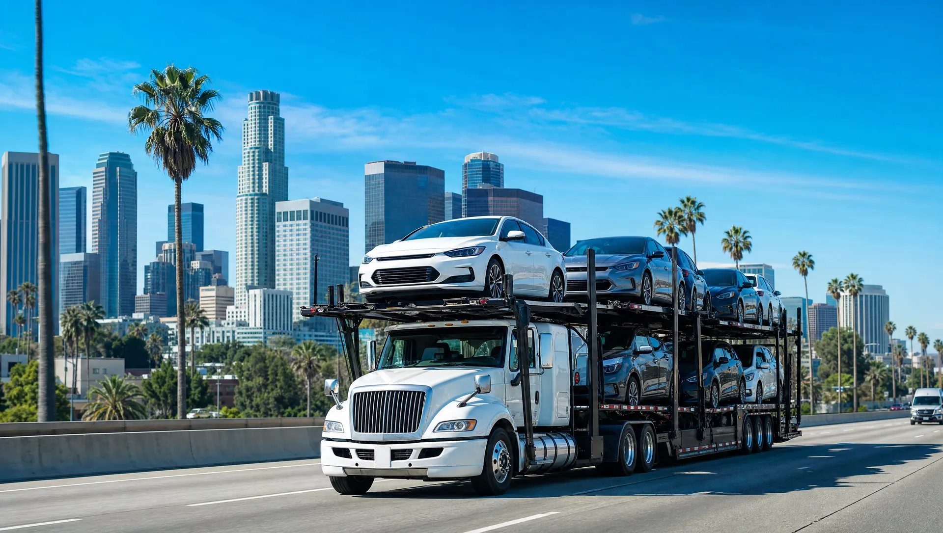 A car carrier on a freeway near downtown Los Angeles