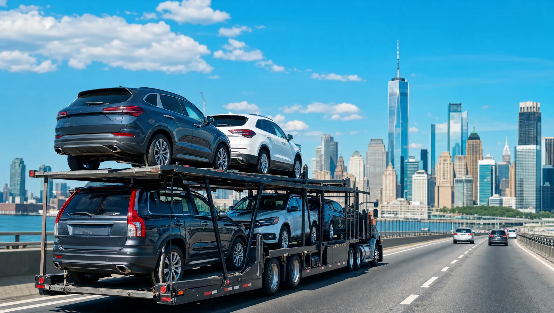 A loaded car carrier approaching the New York City skyline