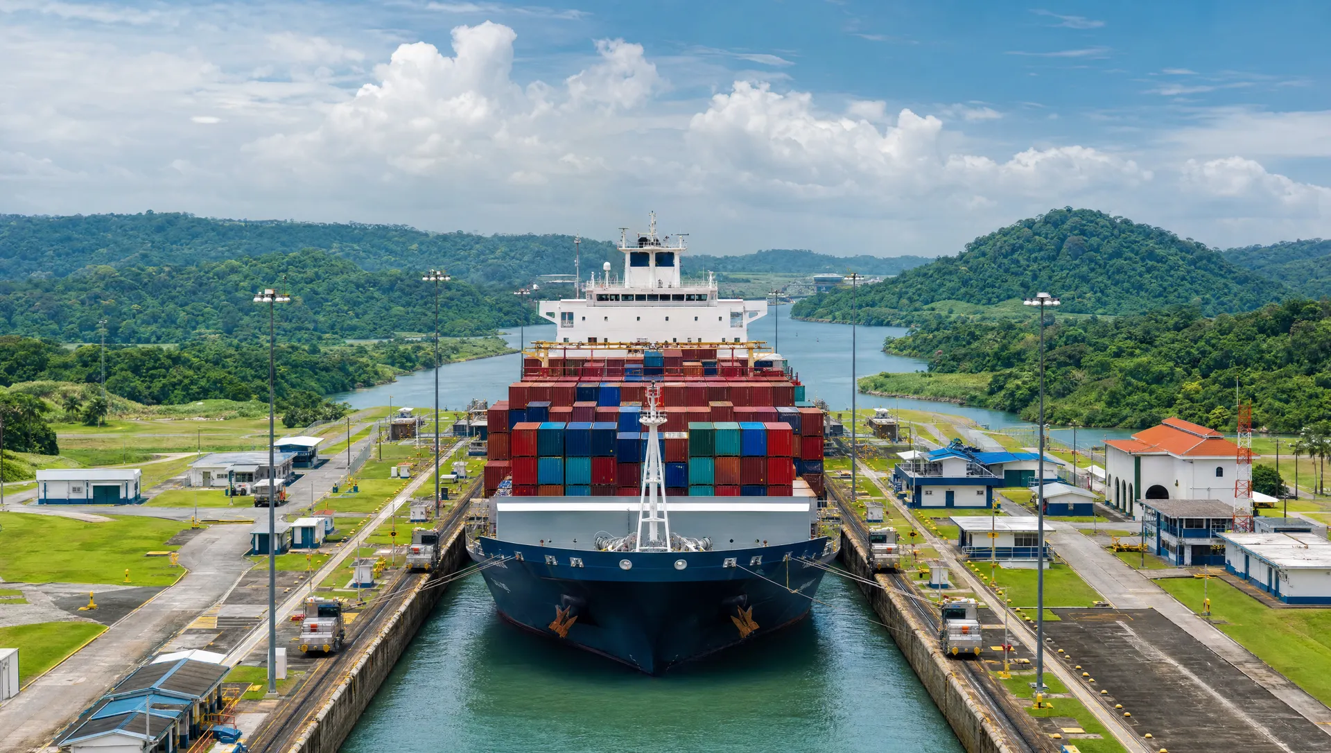 A cargo ship passing through the Panama Canal locks