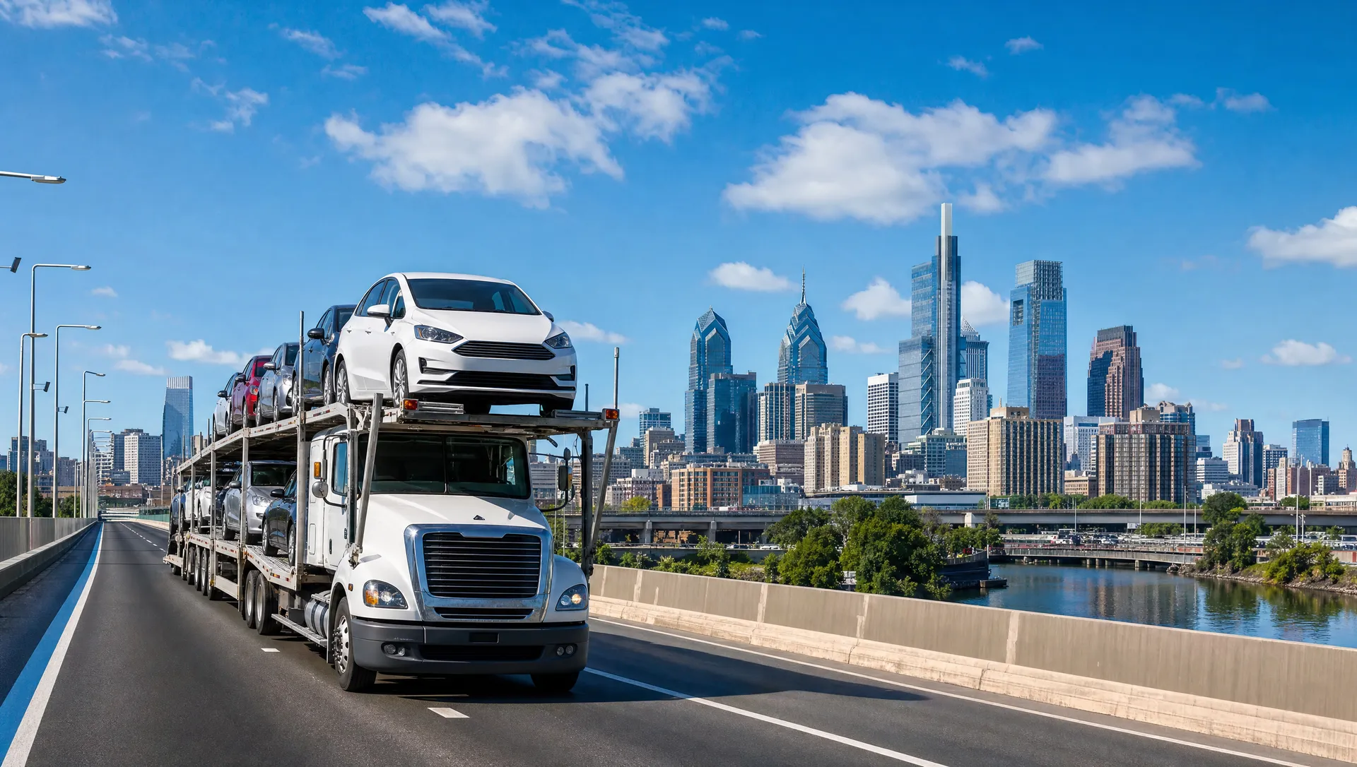 A car carrier crossing a bridge toward the Philadelphia skyline