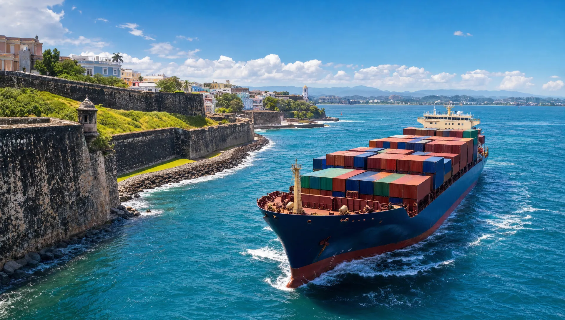 A cargo ship approaching the fortified San Juan coastline