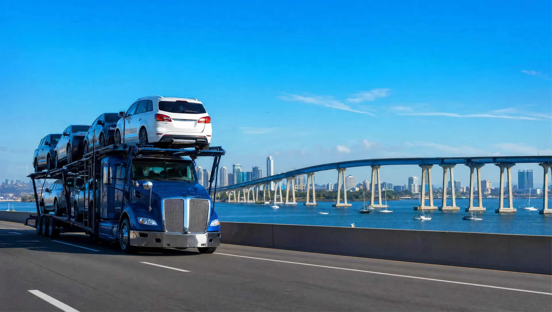 A car carrier on a coastal highway beside San Diego Bay