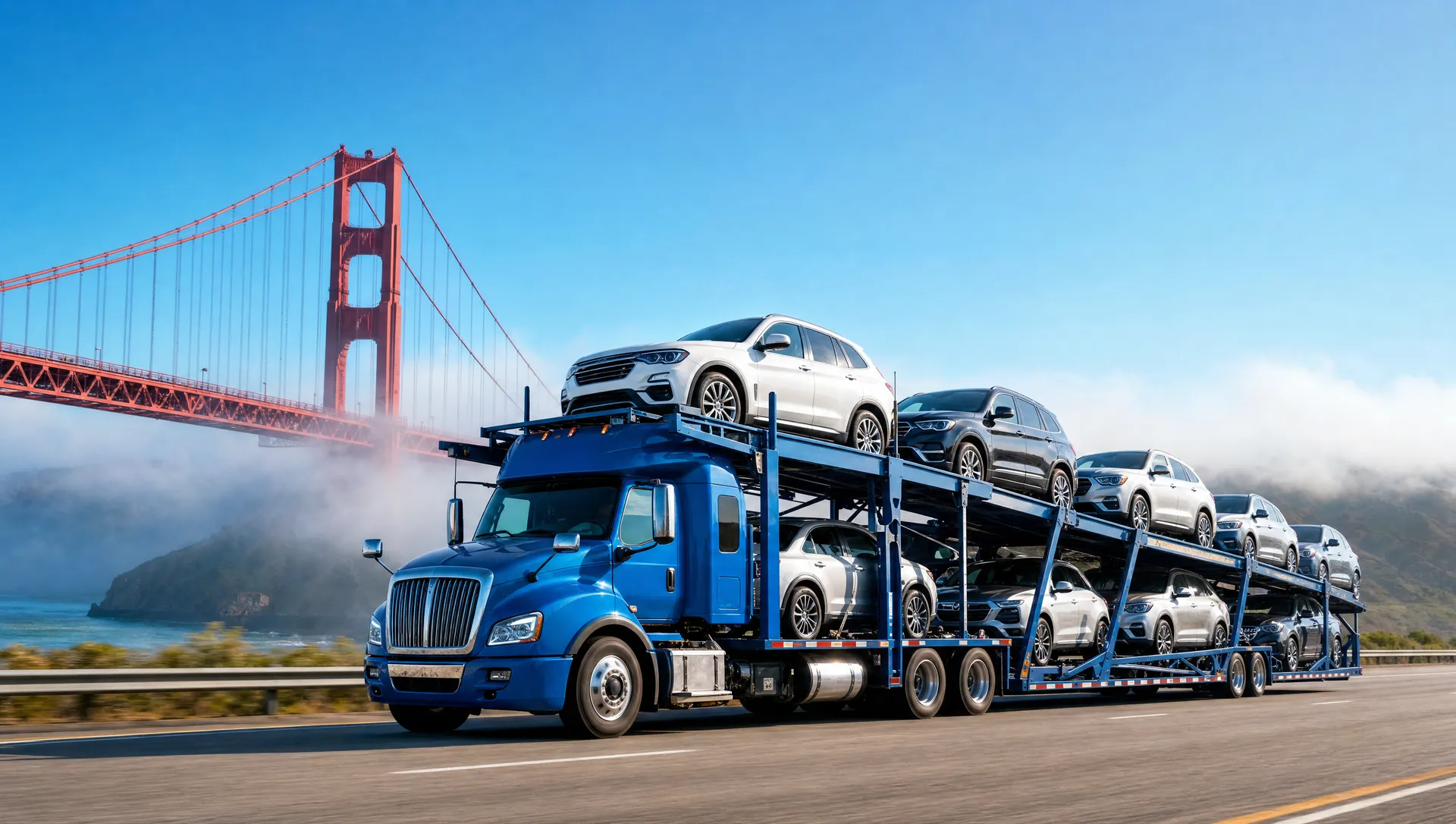 A car carrier near a red suspension bridge outside San Francisco