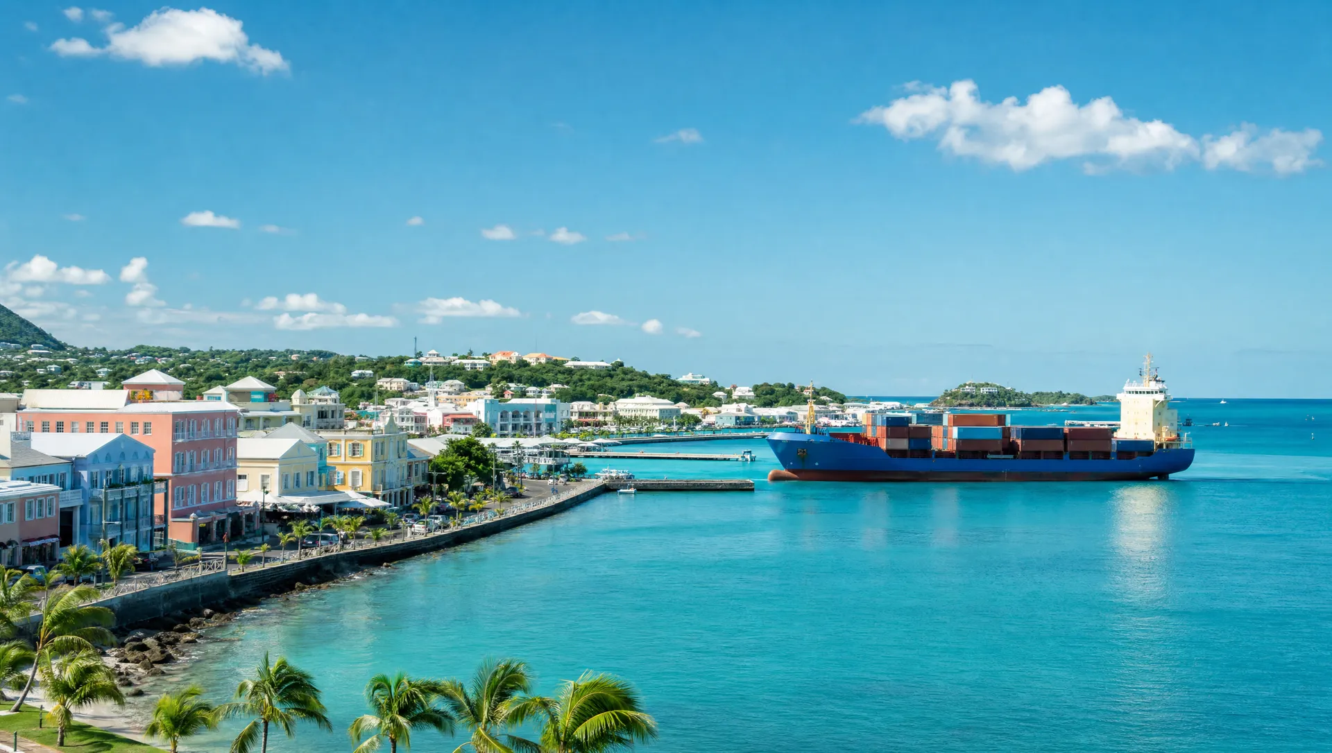 A cargo vessel off the pastel waterfront of St. Croix