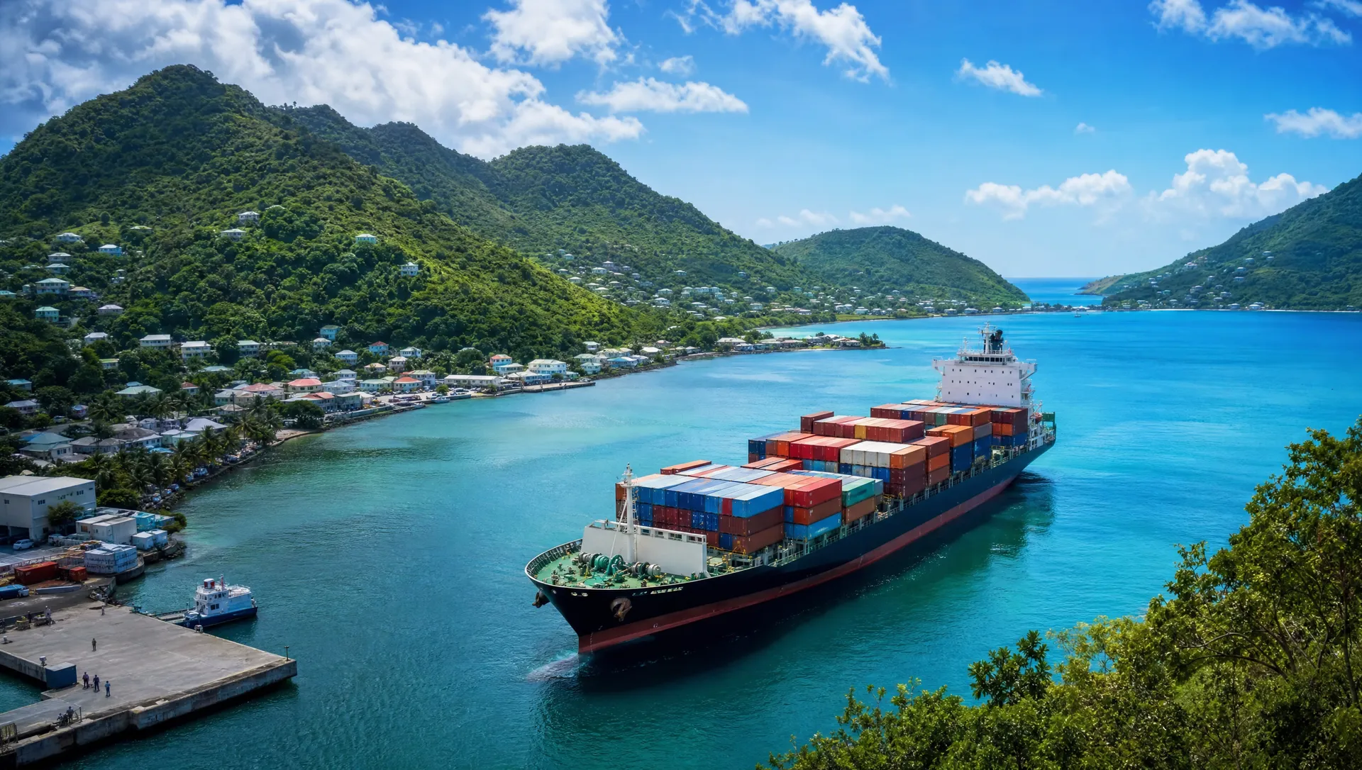 A cargo ship entering the green hillside harbor of St. Thomas