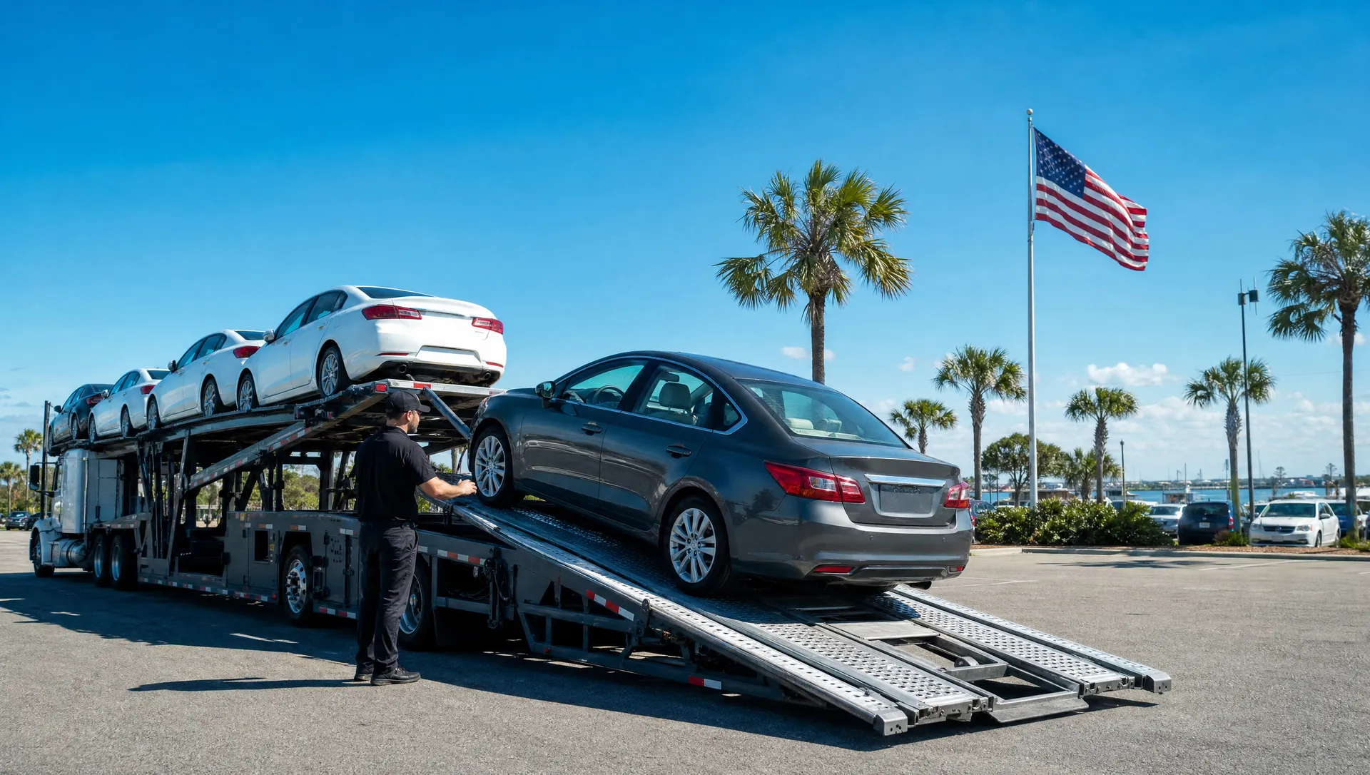 A sedan being loaded onto a car transport carrier in a sunny Florida parking lot with an American flag in the background