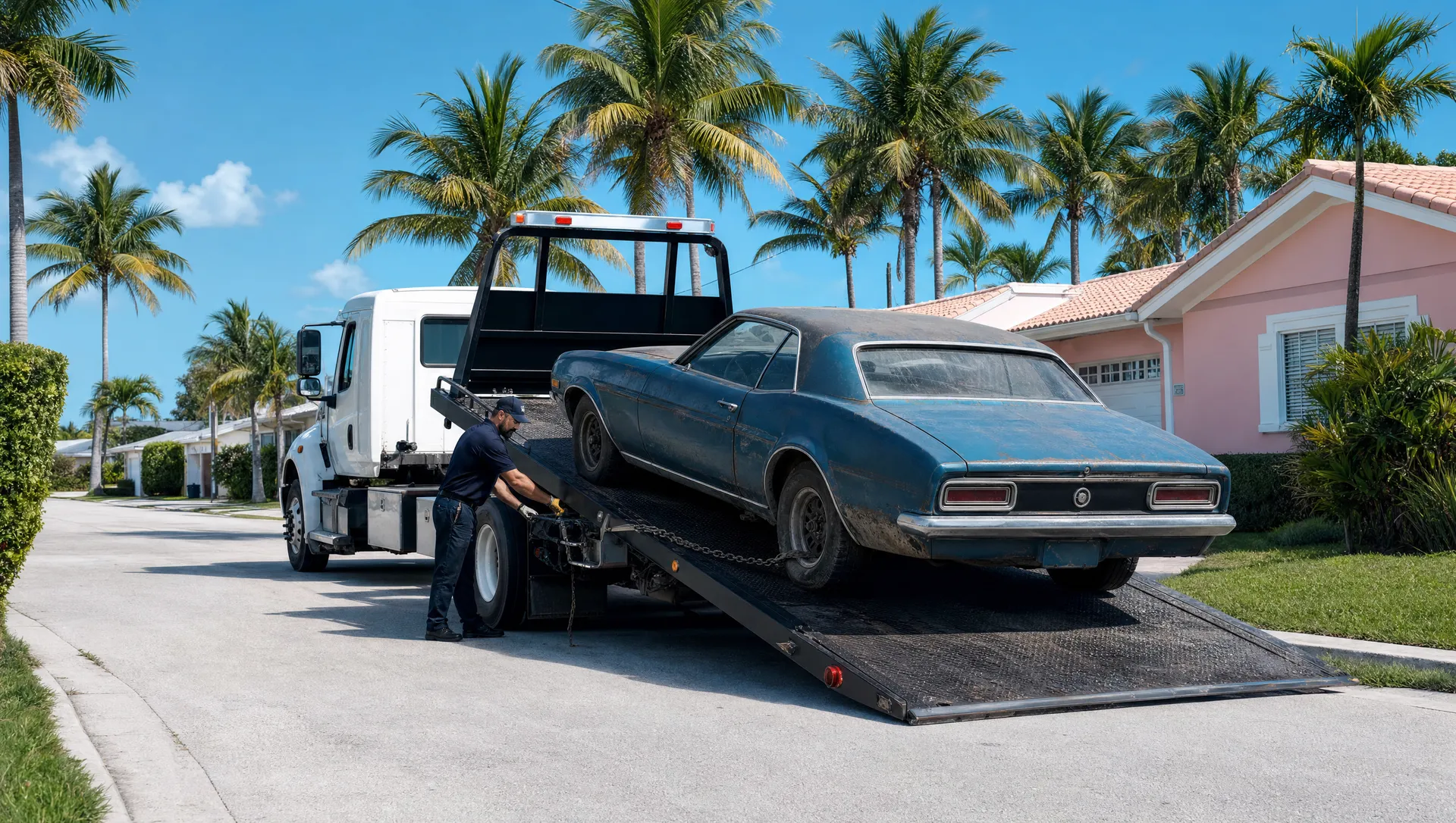 A rollback tow truck winching a non-running car up its ramp on a palm-lined Miami residential street
