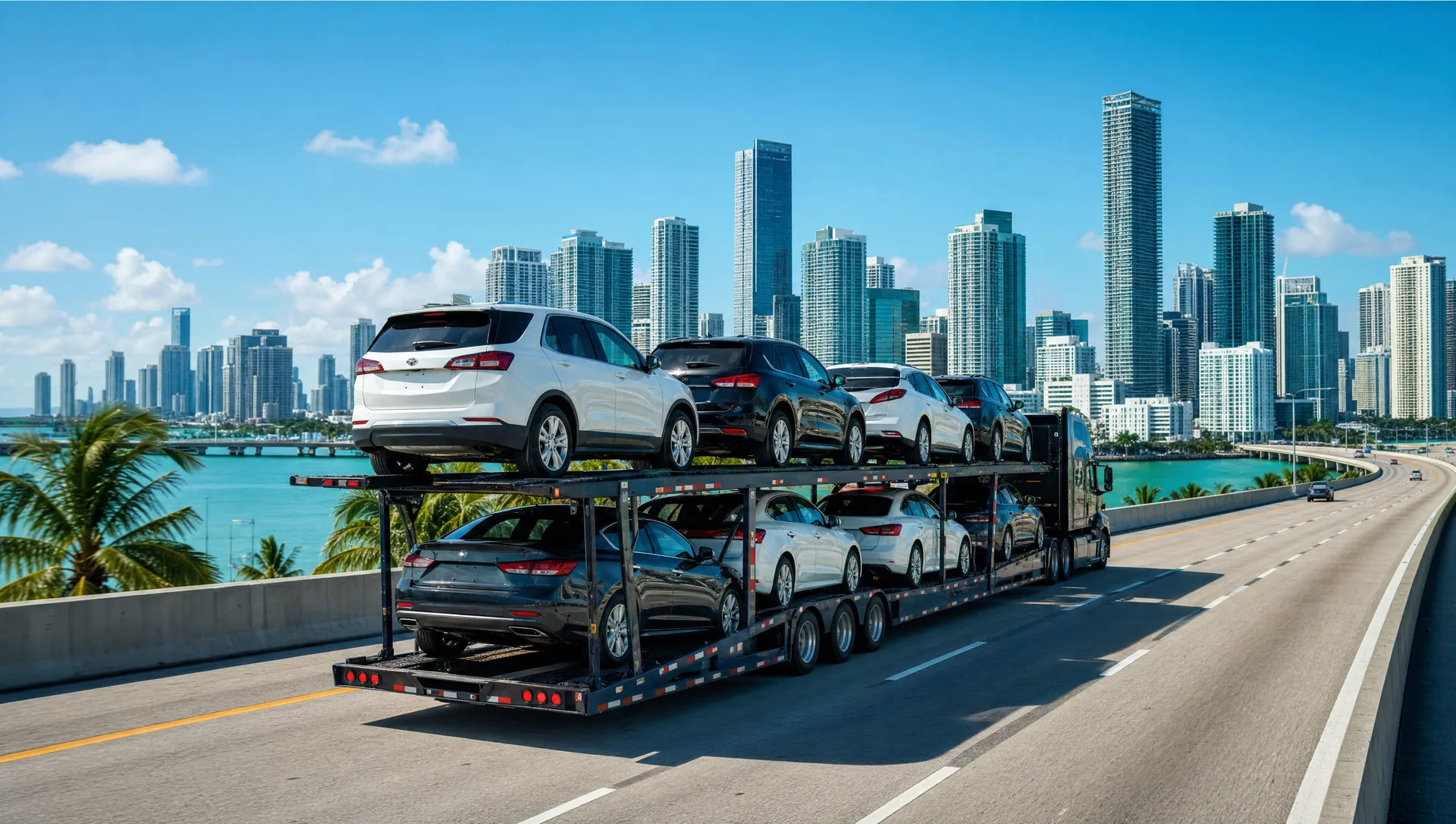 An open multi-car carrier hauling vehicles along an elevated Miami highway with the downtown skyline behind