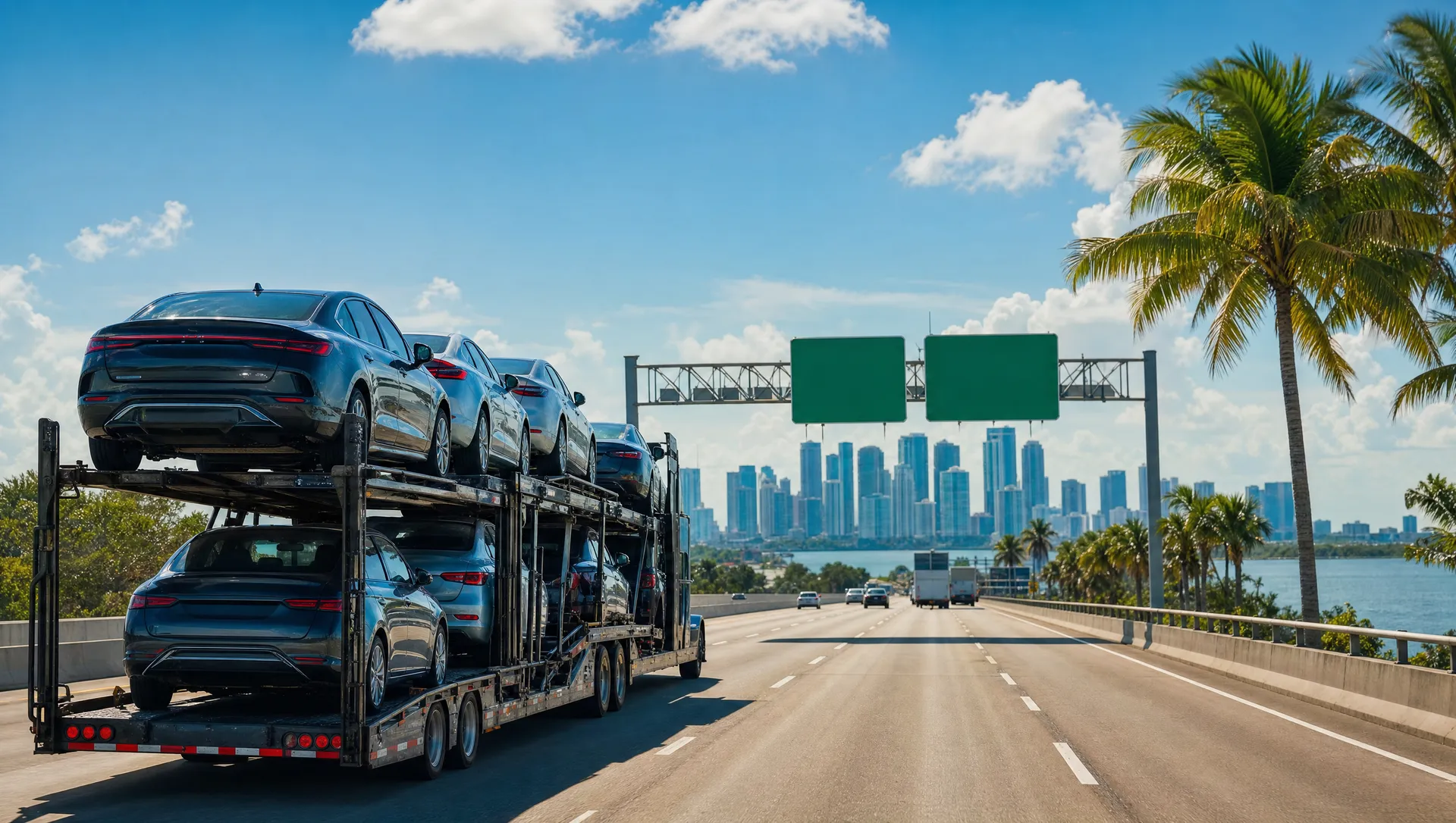 A car transport carrier heading south on the interstate into Florida with palm trees along the roadside