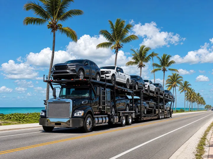 A car carrier driving a palm-lined Florida coastal highway